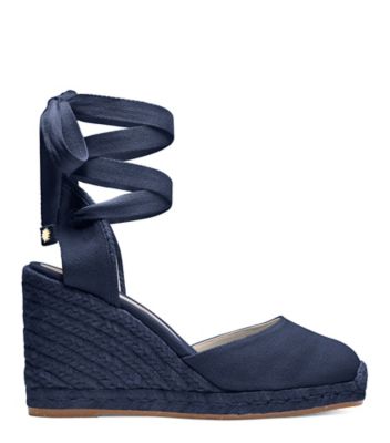 Stuart Weitzman,Marguerita Espadrille Wedge,Sandal,Canvas,Navy Blue,Front View