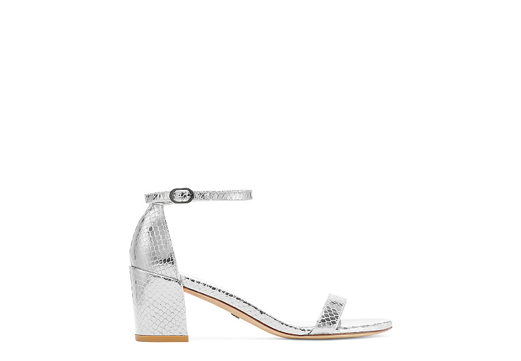 Stuart Weitzman,SIMPLE,Sandal,Metallic snake embossed leather,Silver,Front View