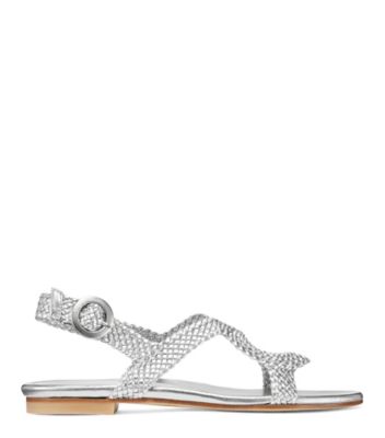 Stuart Weitzman,Teodora,Sandal,Metallic woven leather,Silver,Front View