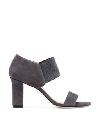Stuart Weitzman,EZRA 80,Sandal,Suède noir avec arrière élastique extensible,Gris ardoise,Front View