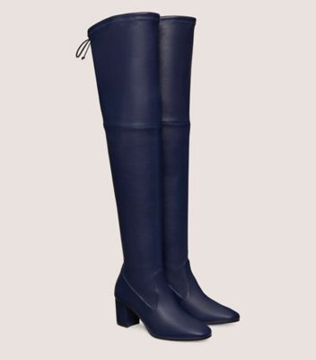 Stuart Weitzman,GENNA 60 CITY BOOT,Boot,Stretch Nappa Leather,Navy Blue,Angle View