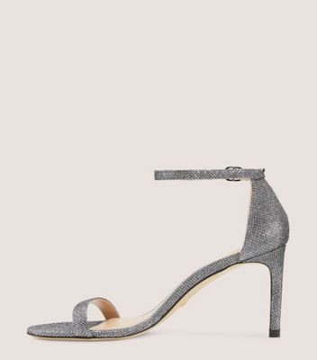 Stuart Weitzman,NUNAKEDSTRAIGHT STRAP SANDAL,Leather,Sandals,Glitter,Traction,Formal,Metallic,Silver