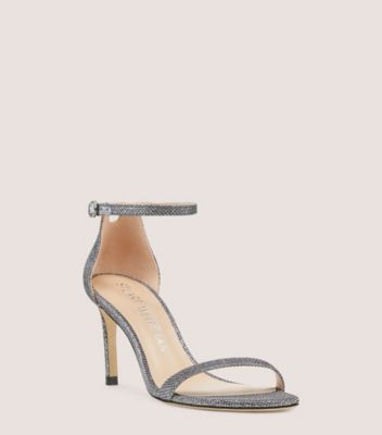 Stuart Weitzman,NUNAKEDSTRAIGHT STRAP SANDAL,Leather,Sandals,Glitter,Traction,Formal,Metallic,Silver,Side View