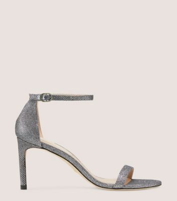 Stuart Weitzman,NUNAKEDSTRAIGHT STRAP SANDAL,Leather,Sandals,Glitter,Traction,Formal,Metallic,Silver