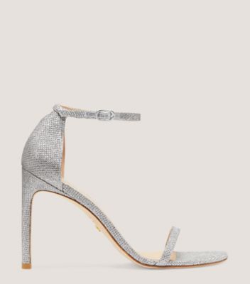 Stuart Weitzman,NUDISTSONG STRAP SANDAL,Leather,Sandals,Glitter,Formal,Metallic,Silver,Front View