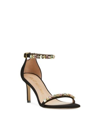 Stuart Weitzman,Sandale à sangle avec joyaux carrés Nunakedstraight,Sandal,Suède,Noir