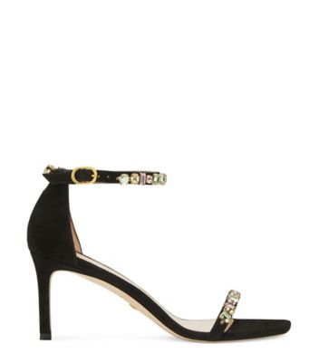 Stuart Weitzman,Nunakedstraight Square Gem Strap Sandal,Sandal,Suede,Black,Front View