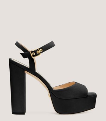 Stuart Weitzman,RYDER 95 PLATFORM SANDAL,Suede,Leather,Sandals,Traction,Party,Black,Front View