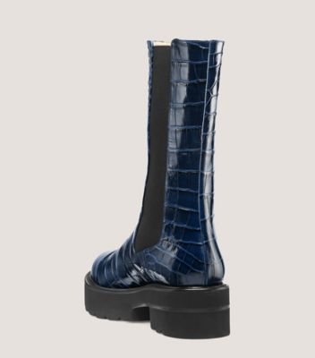 Stuart Weitzman,Bottine Presley Ultralift,Bootie,Cuir embossé en crocodile,Indigo,Back View