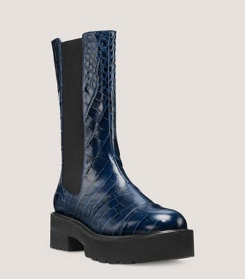 Stuart Weitzman,Bottine Presley Ultralift,Bootie,Cuir embossé en crocodile,Indigo,Side View