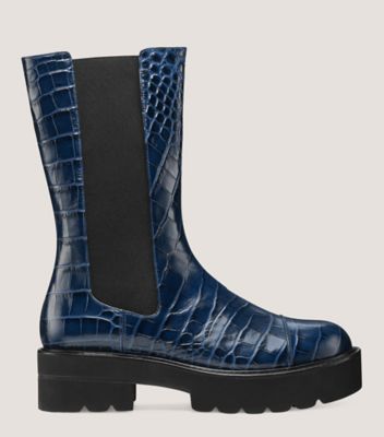 Stuart Weitzman,Bottine Presley Ultralift,Bootie,Cuir embossé en crocodile,Indigo,Front View