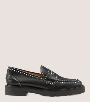 Stuart Weitzman,Parker Lift Mini Pearl Loafer,Loafer,Leather,Black,Front View