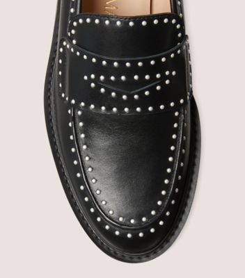 Stuart Weitzman,Parker Lift Mini Pearl Loafer,Loafer,Leather,Black,top down View