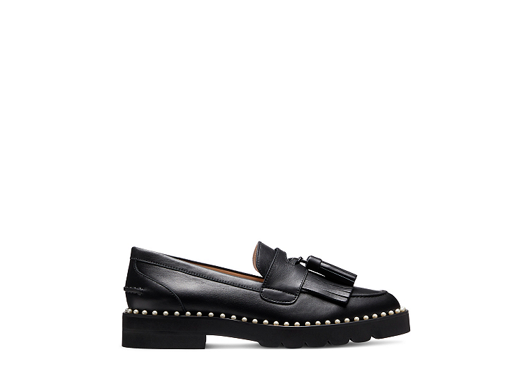 Stuart Weitzman,Mila Lift Pearl Loafer,Loafer,Leather,Black,Front View