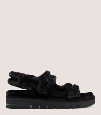 Stuart Weitzman,Zoe Lift Chill Sandal,Sandal,Suede & faux fur,Black,Front View