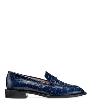 Stuart Weitzman,Palmer Sleek Loafer,Loafer,Croc embossed leather,Indigo,Front View