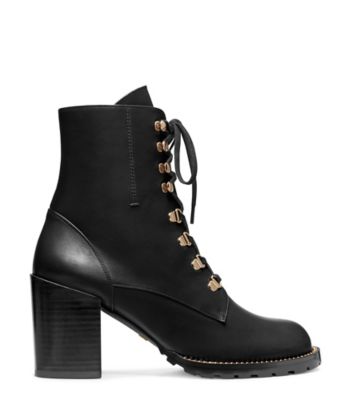 Stuart Weitzman,Bottine à talon bloc avec chaîne Kolbie,Bootie,Cuir,Noir,Front View