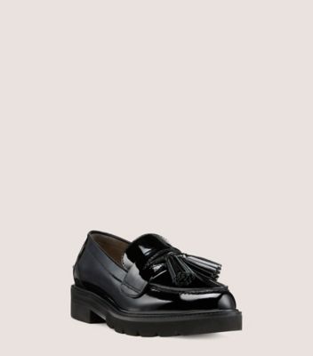 Stuart Weitzman,ADRINA LOAFER,Rubber,Leather,Loafer,Flats,Tassel,Notched Embellishment,Penny Loafer,Work,Black,Side View