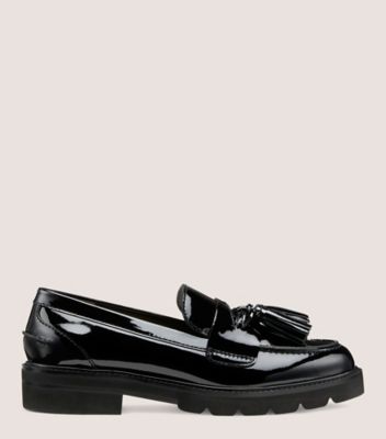 Stuart Weitzman,ADRINA LOAFER,Rubber,Leather,Loafer,Flats,Tassel,Notched Embellishment,Penny Loafer,Work,Black,Front View