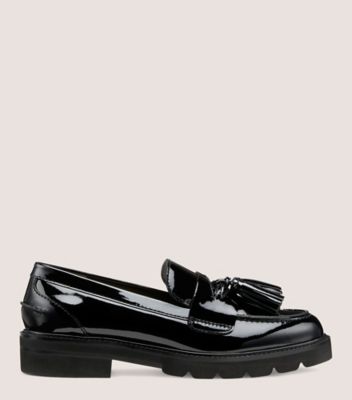 Stuart Weitzman,ADRINA LOAFER,Leather,Rubber,Flats,Loafer,Tassel,Penny Loafer,Notched Embellishment,Work,Black,Front View