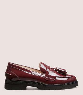 Stuart Weitzman,ADRINA LOAFER,Leather,Rubber,Flats,Loafer,Tassel,Penny Loafer,Notched Embellishment,Work,Maroon,Front View