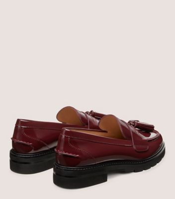 Stuart Weitzman,ADRINA LOAFER,Leather,Rubber,Loafer,Flats,Tassel,Penny Loafer,Notched Embellishment,Work,Maroon,Back View