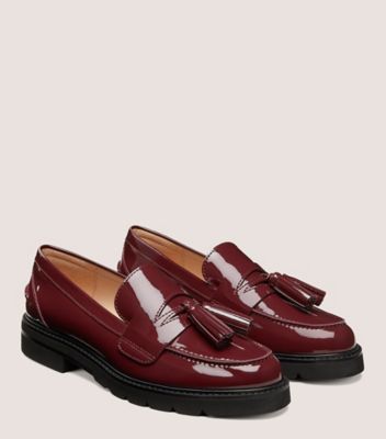 Stuart Weitzman,ADRINA LOAFER,Leather,Rubber,Loafer,Flats,Tassel,Penny Loafer,Notched Embellishment,Work,Maroon,Angle View