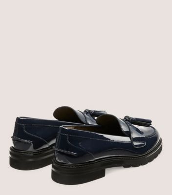 Stuart Weitzman,ADRINA LOAFER,Rubber,Leather,Loafer,Flats,Tassel,Notched Embellishment,Penny Loafer,Work,Navy,Back View
