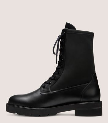 Stuart Weitzman,ANDE LIFT BOOTIE,Neoprene,Leather,Rubber,Combat,Mixed Media,Pull Tab,Casual,Black