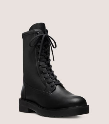 Stuart Weitzman,ANDE LIFT BOOTIE,Neoprene,Leather,Rubber,Combat,Mixed Media,Pull Tab,Casual,Black,Side View