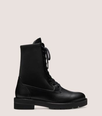 Stuart Weitzman,ANDE LIFT BOOTIE,Neoprene,Leather,Rubber,Combat,Mixed Media,Pull Tab,Casual,Black,Front View