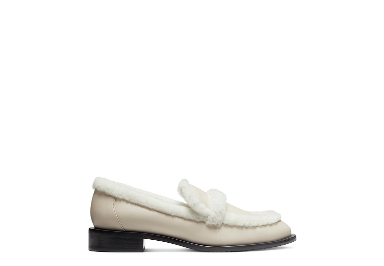 Stuart Weitzman,Palmer Chill Loafer,Loafer,Leather & shearling,Oat,Front View