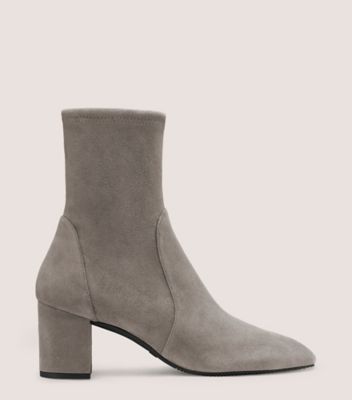 Stuart Weitzman,YULIANA 60,Bootie,Stretch suede,Flannel Gray,Front View