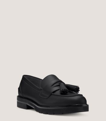Stuart Weitzman,ADRINA LOAFER,Leather,Rubber,Loafer,Flats,Penny Loafer,Tassel,Work,Black,Side View