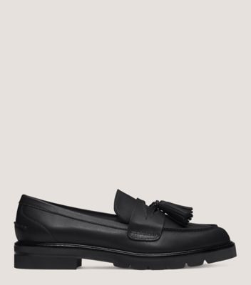 Stuart Weitzman,ADRINA LOAFER,Leather,Rubber,Loafer,Flats,Penny Loafer,Tassel,Work,Black,Front View