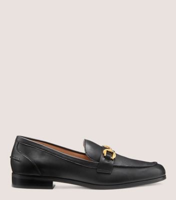 Stuart Weitzman,OWEN BUCKLE LOAFER,Leather,Nappa Leather,Rubber,Flats,Loafer,Metal,Penny Loafer,Gold Metal,Work,Black,Front View