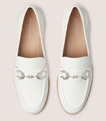 Stuart Weitzman,OWEN BUCKLE LOAFER,Leather,Nappa Leather,Rubber,Loafer,Flats,Metal,Penny Loafer,Gold Metal,Work,White
