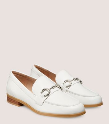 Stuart Weitzman,OWEN BUCKLE LOAFER,Leather,Nappa Leather,Rubber,Loafer,Flats,Metal,Penny Loafer,Gold Metal,Work,White