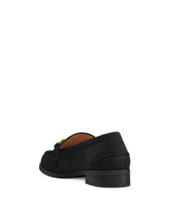 Stuart Weitzman,OWEN BUCKLE LOAFER,Suede,Leather,Rubber,Flats,Loafer,Penny Loafer,Metal,Silver Metal,Work,,Back View