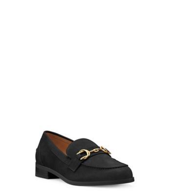 Stuart Weitzman,OWEN BUCKLE LOAFER,Suede,Leather,Rubber,Flats,Loafer,Penny Loafer,Metal,Silver Metal,Work,,Side View