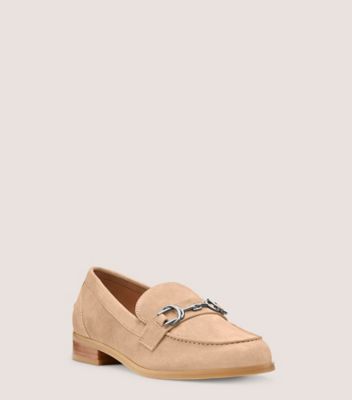 Stuart Weitzman,OWEN BUCKLE LOAFER,Suede,Leather,Rubber,Flats,Loafer,Penny Loafer,Metal,Silver Metal,Work,Beige,Side View