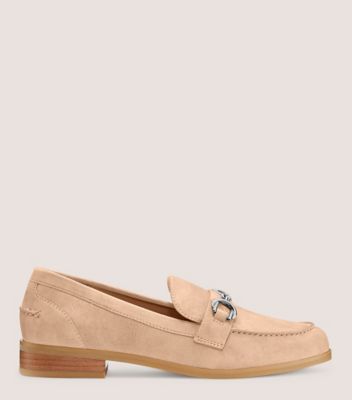 Stuart Weitzman,OWEN BUCKLE LOAFER,Suede,Leather,Rubber,Flats,Loafer,Penny Loafer,Metal,Silver Metal,Work,Beige,Front View