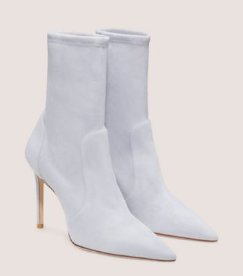 Stuart Weitzman,STUART 100 STRETCH BOOTIE,Suede,Leather,Rubber,Bootie,Sock,Day Party,Gray,Angle View