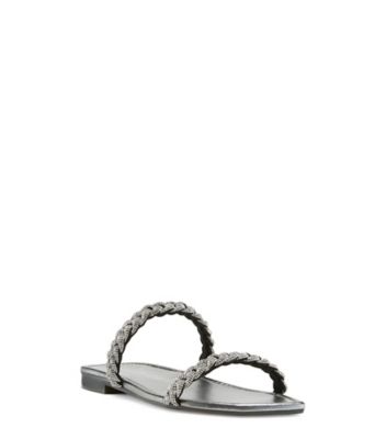 Stuart Weitzman,Addison Slide Sandal,Slide,Liquid Metallic Leather,Gunmetal,Side View