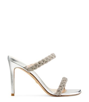 Stuart Weitzman,Sandale tressée Addison 100,Slide,Cuir métallique liquide,Argent,Front View