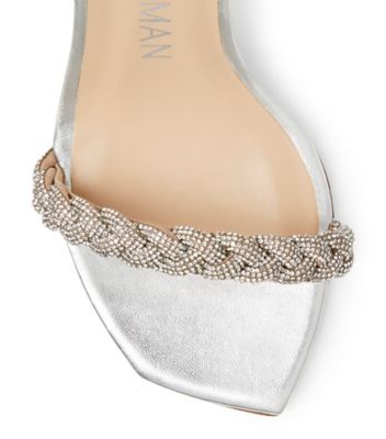 Stuart Weitzman,Addison 100 Braided Sandal,Slide,Liquid Metallic Leather,Silver,top down View