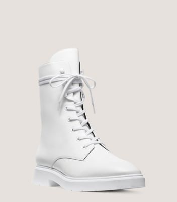 Stuart Weitzman,MCKENZEE BOOTIE,Leather,Rubber,Combat,Tie Belt,Pull Tab,Outdoor,White,Side View