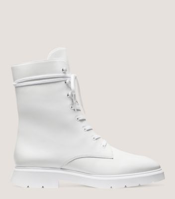 Stuart Weitzman,MCKENZEE BOOTIE,Leather,Rubber,Combat,Tie Belt,Pull Tab,Outdoor,White,Front View