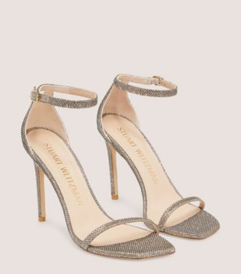 Stuart Weitzman,NUDISTCURVE 100 STRAP SANDAL,Leather,Sandals,Glitter,Formal,Metallic,Bronze,Angle View