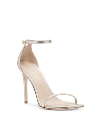 Stuart Weitzman,Nudistcurve 100 Strap Sandal,Sandal,Liquid metallic leather,Platino Gold,Side View